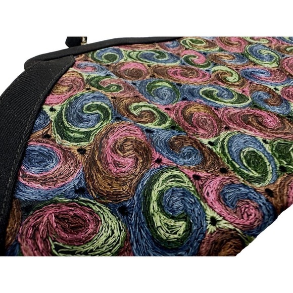 VTG Atomic 1950s "Pretty" Black Handbag w/ colorful Embroidered Swirls - Picture 5 of 7